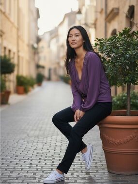 VENUS Plum V-Neck Blouse with Lace Yoke